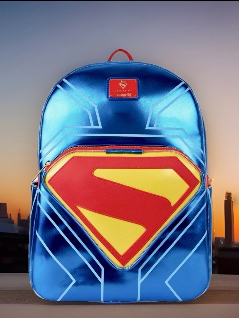 Loungefly Metallic Blue Backpack with Red and Yellow Superman Shield